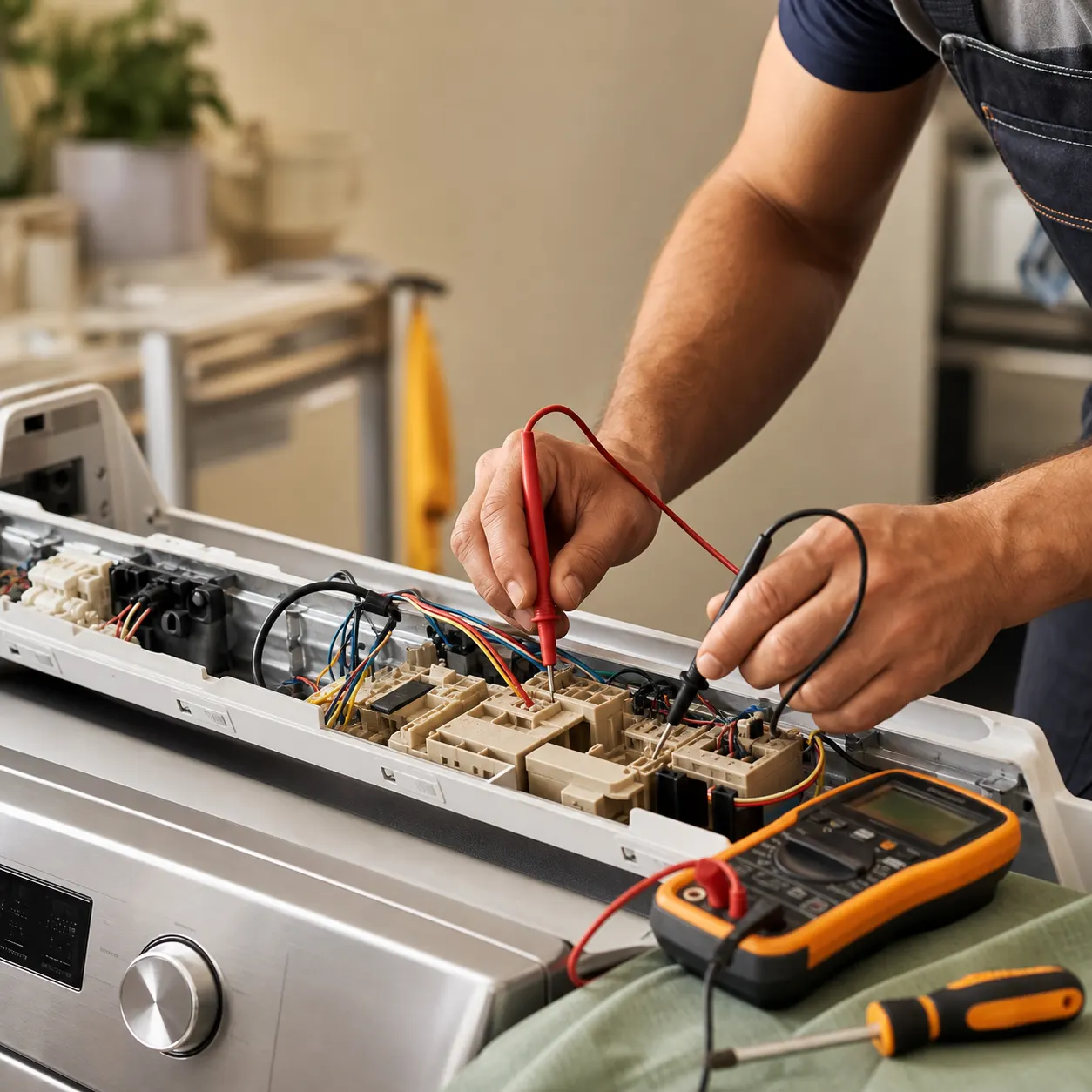 Appliance technician diagnosing a fault in a home kitchen